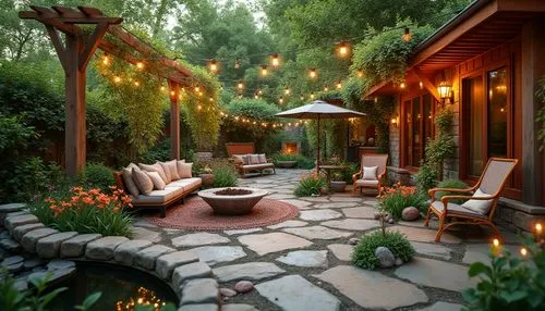 Vibrant garden patio, lush greenery, blooming flowers, comfortable outdoor seating, rustic wooden benches, natural stone pathways, modern lanterns, warm string lighting, soft ambient sounds, gentle wa