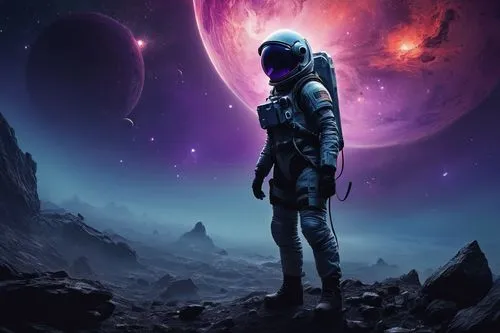 Concept art, celestial, mysterious, dark blue-purple nebula background, glowing stars, planets, asteroids, spaceship wreckage, abandoned, eerie atmosphere, solo figure, astronaut, female, 25yo, worn s