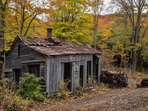 Rustic, abandoned, old architectural salvage yard, Connecticut countryside, autumn season, warm afternoon sunlight, wooden barns, worn brick walls, vintage construction materials, distressed metal roo