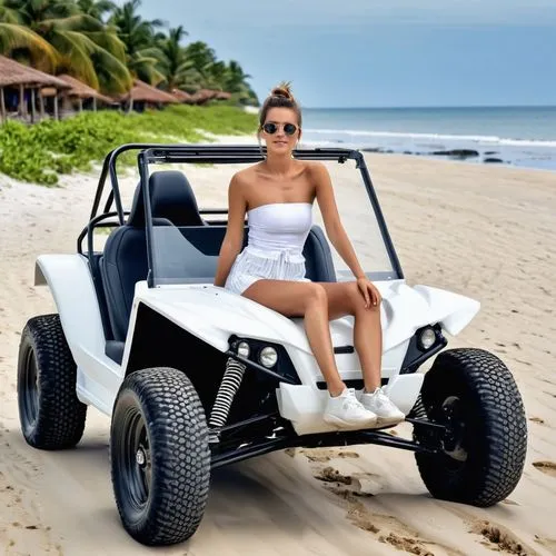 A young woman wearing a white strapless shirt and legging driving a beach buggy at the beach,beach buggy,electric golf cart,golf cart,golf buggy,all-terrain vehicle,quad bike,compact sport utility veh