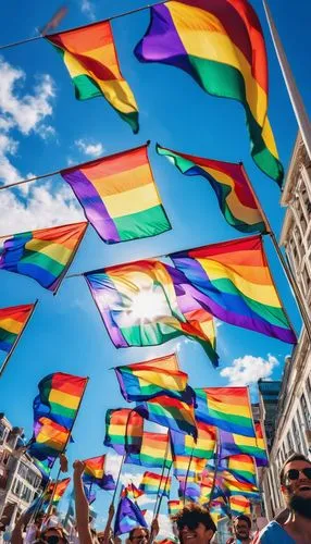 Pride flag generator, colorful flags waving in the wind, LGBTQ+ theme, rainbow colors, vibrant, shiny material, fluttering motion, sunny day, blue sky with white clouds, city square setting, people ce