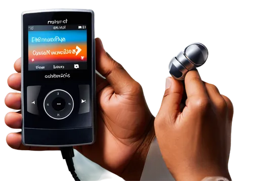 Hand holding MP3 player, thumb pressing button, screen displaying music list, earbuds tangled, silver body, glossy finish, compact design, morning light, shallow depth of field, warm color tone, cinem