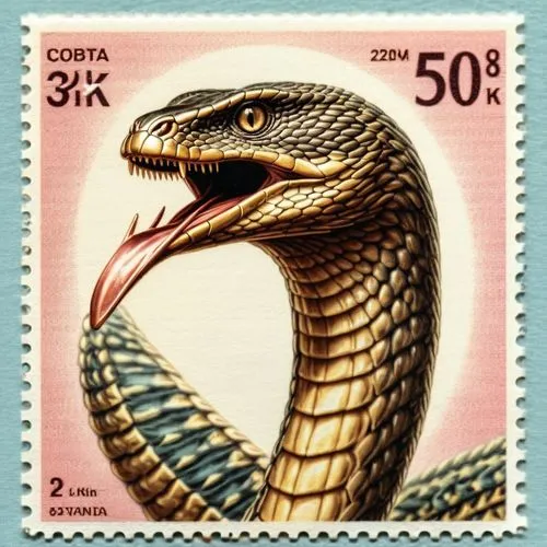 Concepté stamp postale dessin pastel de cobra de l'Égypte ,body complète avec effet engraved , dessin halftone photo d'ensemble,effet comic ,sans métaphore ,cobra,cobras,king cobra,zootaxa,copelatinae