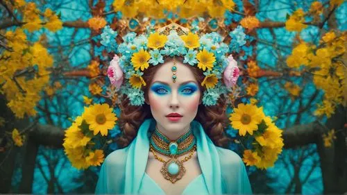 cherry blossoms,kahila garland-lily,fantasy portrait,fairy peacock,faerie,fantasy woman,rusalka,blue enchantress,elven flower,fae,fairy queen,water nymph,dryad,flora,priestess,fantasia,fairy forest,el