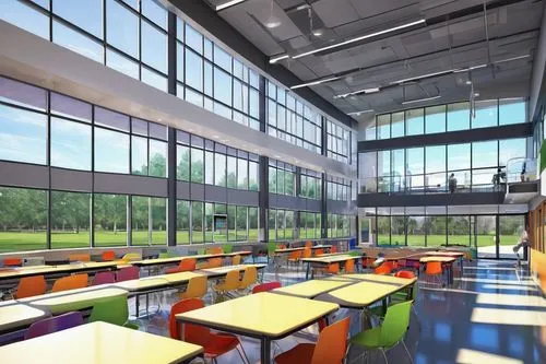 Modern charter high school, futuristic architecture, sleek lines, glass walls, steel beams, open courtyard, vibrant colors, staircases with railings, lockers with combination locks, classrooms with in