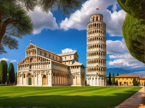 Leaning Tower of Pisa, medieval architecture, white marble stones, intricate stone carvings, Romanesque style, narrow windows, curved foundation, tilted structure, lush greenery surrounding, sunny aft