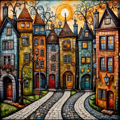 Ultra-realistic, Cute village with Large houses!,townhouses,houses clipart,row houses,escher village,the cobbled streets,david bates,medieval street,hanging houses,montmartre,townscape,blocks of house