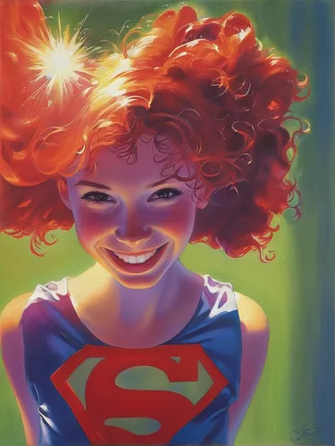 happy girl,super woman,super heroine,starfire,wonder,superman,redheads,a girl's smile,superman logo,red super hero,head woman,color pencils,girl with speech bubble,chalk drawing,colour pencils,oil pai