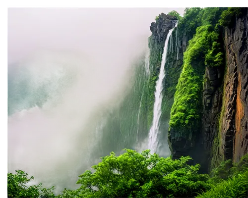 Vibrant glitter effect, colorful rainbow hues, majestic waterfall, misty surroundings, lush greenery, rocky cliffside, sunlight peeking through mist, shimmering droplets of water, intricate stone carv