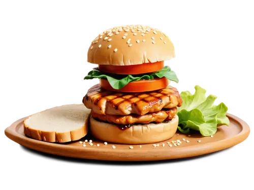 grilled chicken, BBQ theme, summer outdoor, juicy meat, golden brown skin, savory sauce, crispy edges, tender flesh, lettuce leaves, tomato slices, bread bun, sesame seeds, wooden plate, natural light