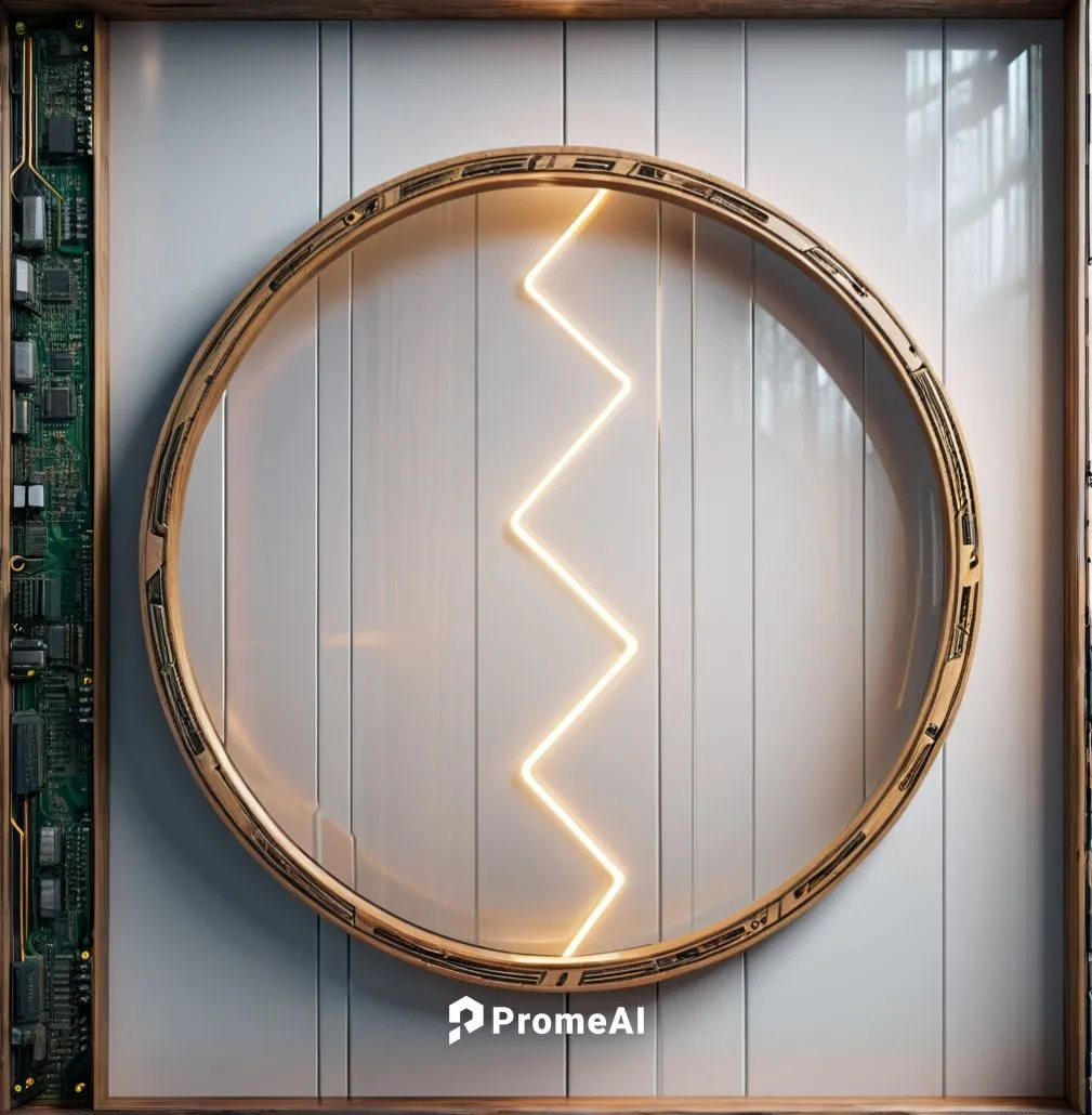 A mirror frame made of wood against a white background ,an illuminated circular mirror mounted to the wall,electric arc,semi circle arch,light waveguide,fibonacci spiral,wall lamp,kinetic art,Photogra