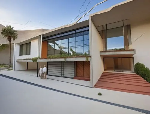 three people stand outside a modern home by the side of a road,landscape design sydney,modern house,dunes house,landscape designers sydney,fresnaye,modern architecture,eichler,garden design sydney,mid