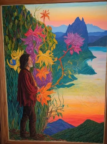 A sorcerer standing at the edge of a wooded bluff -- close-up view -- surrounded by colorful flora, at sunset, a distant mountain lake behind him.,modern sorcerer with flowers observing a colorful wat