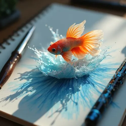 3d art,fish pen,fish in water,pencil art,ipad,feather on water,Photography,General,Realistic