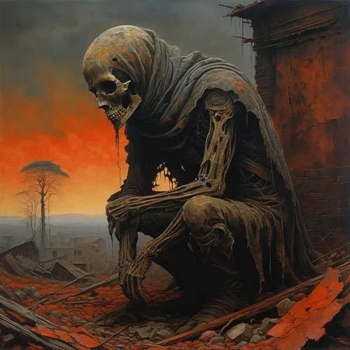 dance of death,primitive man,death's-head,scorched earth,dead earth,death god,hag,death angel,desolation,death's head,necropolis,disfigurement,death head,erbore,corrosion,burned out,skull statue,apocalypse,macabre,desolate,Conceptual Art,Oil color,Oil Color 05