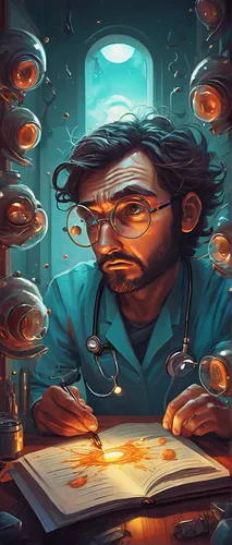 sci fiction illustration,fish-surgeon,biologist,professor,reading magnifying glass,bookworm,game illustration,librarian,watchmaker,persian poet,painting technique,cooking book cover,scientist,scholar,magic book,chemist,researcher,fantasy portrait,the collector,man with a computer,Conceptual Art,Fantasy,Fantasy 21