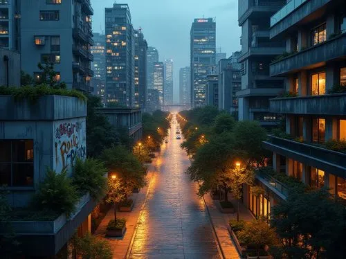 Urban cityscape, modern skyscrapers, glass towers, concrete jungle, bustling streets, vibrant nightlife, neon lights, graffiti walls, industrial textures, metallic surfaces, urban gardens, green roofs