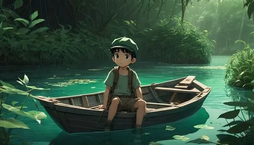 studio ghibli,mowgli,raft,fishing float,canoe,2d,little boat,canoeing,vietnam,paper boat,wander,raft guide,emerald sea,adventurer,perched on a log,water-the sword lily,row boat,explorer,adrift,boat landscape,Conceptual Art,Fantasy,Fantasy 33