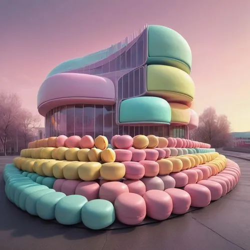 theater building where the seating and exterior facade mimic layers of macarons, with different sections featuring pastel colors. The rounded shapes and smooth surfaces resemble the curves of the swee