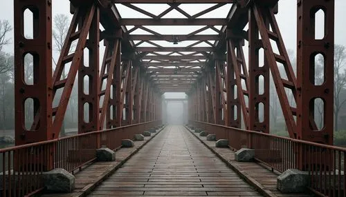 Rustic steel bridges, exposed rivets, brutalist architecture, rough-textured concrete piers, weathered wooden decks, industrial-style railings, geometric latticework, angular steel beams, minimalist d