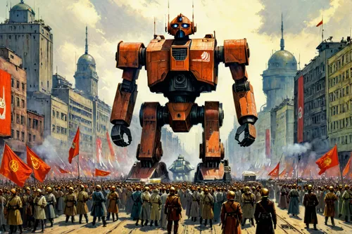 masterpiece, ultra quality, HDR, Soviet giant robots like star wars droids, Soviet Union in 1970, at the city, many soviet people, all happy, parade,mecha,dreadnought,autocracy,mech,valerian,evangelio