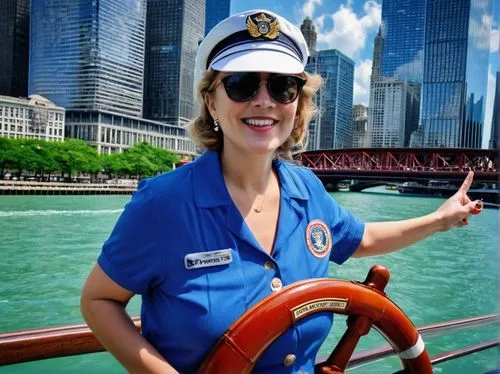 uscg,paddlewheeler,chicagoan,boat operator,navy pier,barresi,shedd,yachtswoman,chicago,delta sailor,preckwinkle,cocaptain,touristed,sternwheelers,touristy,captaining,nautical colors,stothert,nautical star,hornblower,Illustration,Realistic Fantasy,Realistic Fantasy 19