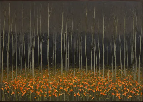 field of poppies,trusses of torch lilies,poppy fields,wild tulips,field of flowers,orange flowers,tulip field,blooming field,forest landscape,flowers field,brook avens,orange tulips,crocosmia,tulips field,lilies of the valley,tulip fields,row of trees,fireweed,scattered flowers,poppy field,Conceptual Art,Oil color,Oil Color 16