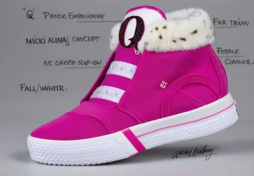 Sock upper sneaker, embroidered  "Q" logo on tongue, fur collar, two elastic band, circle and line logo on vamp, all deep fuscia with white accent color scheme ,LOCI Nicki Minaj sneaker 4,plush boots,