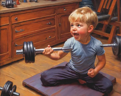 Describe a heartwarming moment of a child trying to lift dumbbells.,dumbbells,dumbbell,weight lifter,pair of dumbbells,dumbell,bodybuilding,oil painting on canvas,weightlifter,weight lifting,exercise 