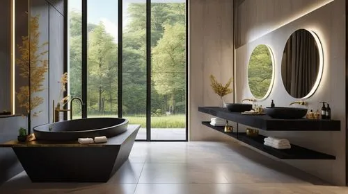 BLACK THEME ,HIGHLY LUXURIOUS BLACK WITH SOME GOLD INTERIOR , WITH COUNTRY NATURE IN THE BACKGROUND THROUGH THE WINDOWS ULTRA 32K REALISTIC,modern minimalist bathroom,luxury bathroom,modern decor,inte