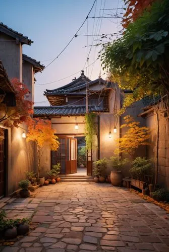 An alley in a traditional Japanese village, a car parked on the side, dusk light,hanok,namsan hanok village,ryokan,korean folk village,chuseok,jeonju,kyoto,asian architecture,goryeo,gion,japan garden,