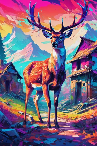 A curious deer cautiously exploring an abandoned village.,deer illustration,elk,glowing antlers,deer,colorful background,deer drawing,caribou,antlers,young-deer,stag,world digital painting,deer in tea