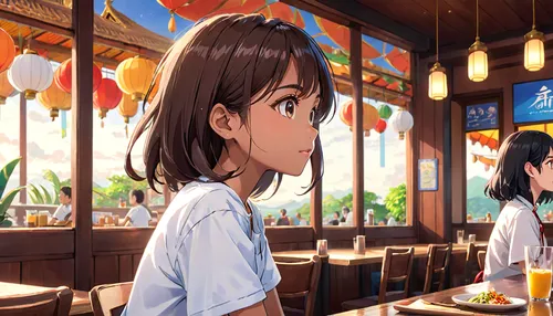 waitress,coffee shop,anime cartoon,watercolor cafe,anime 3d,paris cafe,azusa nakano k-on,euphonium,street cafe,convenience store,izakaya,food court,the coffee shop,japanese restaurant,japanese background,studio ghibli,girl with speech bubble,cafe,ice cream shop,woman at cafe,Anime,Anime,Traditional