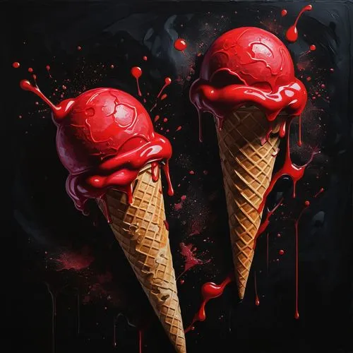 a painting depicting red ice cream on a black background in the style of illustrations inspired by the graphic design of Yanne Kahila, Mark Catesby, lively illustrations, dense texture, bright design,