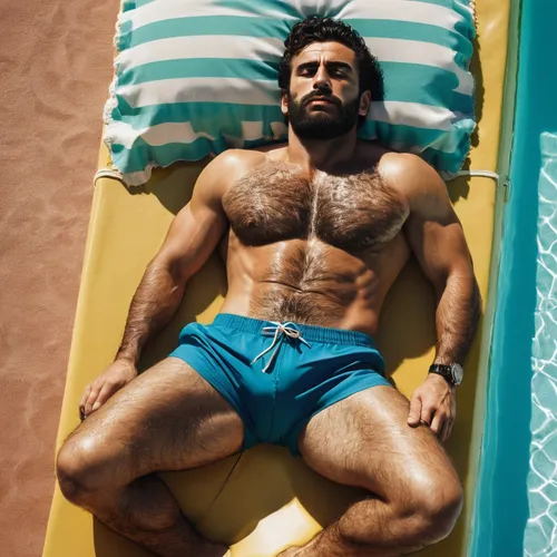 A 30 years old muscular hairy italian mafia man, 1950 vintage, sunbath, swim brief, luxury,swim brief,sunlounger,uomo vitruviano,felipe bueno,itamar kazir,danila bagrov,lounger,fernano alonso,beach to