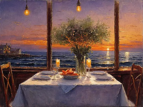 romantic dinner,beach restaurant,dinner for two,candle light dinner,dining,dining table,fine dining restaurant,bistrot,summer evening,romantic night,diner,romantic scene,bistro,evening atmosphere,table setting,mediterranean cuisine,restaurant,a restaurant,holiday table,outdoor dining,Art,Classical Oil Painting,Classical Oil Painting 13