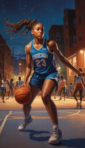 A perfect, ultra-detailed, ultra-realistic image of an energetic summer night in a Black Chicago neighborhood, where a community basketball game is taking place. The court is lit by overhead lights, a