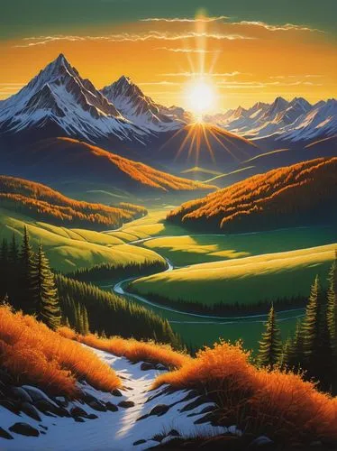 mountain sunrise,mountain landscape,salt meadow landscape,mountain scene,mountainous landscape,alpine sunset,autumn mountains,landscape background,high landscape,nature landscape,beautiful landscape,mountain valleys,natural landscape,mountain valley,mountain meadow,oil painting on canvas,landscape nature,autumn landscape,landscape mountains alps,mountain range,Illustration,Paper based,Paper Based 21