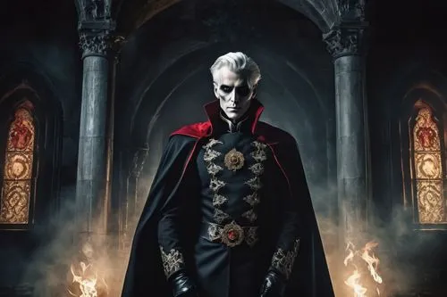 Undead baron, tall, skinny, pale skin, sunken eyes, sharp facial features, black eyeliner, white hair, styled with a widow's peak, black cape, red lining, golden brooch, ornate black suit, white shirt