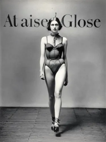 A single female on the catwalk, presenting underwear,a womens lingerie from the 50's,avedon,alceste,glossitis,alexisonfire,alessi,glasnost,Photography,Black and white photography,Black and White Photo