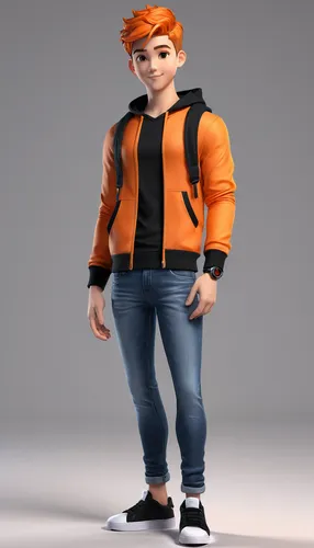 a man of 21 years age wearing a casual outfit with orange and black combination,3d model,ken,clementine,3d figure,male character,stylish boy,murcott orange,fresh orange,orange color,half orange,nora,o