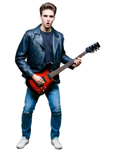 Dynamic speaker, youthful energetic male, casual wear, ripped jeans, black leather jacket, holding guitar, stage spotlight, smoke effect, dramatic facial expression, 3/4 composition, low-angle shot, i