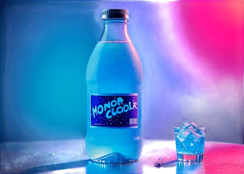 Moonlit scene, mystical cooler, glowing blue liquid, frosty glass bottle, condensation droplets, ice cubes floating, misty atmosphere, soft focus, warm color tone, shallow depth of field, 3/4 composit