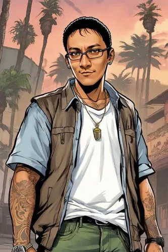 illustration of a character fron GTA San Andreas video game cover art,main character,male character,gangstar,panamanian balboa,portrait background,png image,propane,action-adventure game,cargo pants,m