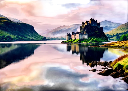 eilean donan castle,scotland,scottish highlands,eilean donan,castles,fantasy picture,fantasy landscape,water castle,isle of skye,loch,scottish,ruined castle,fairytale castle,highlands,castel,castle bran,scottish folly,world digital painting,celtic queen,fairytale,Illustration,Paper based,Paper Based 25