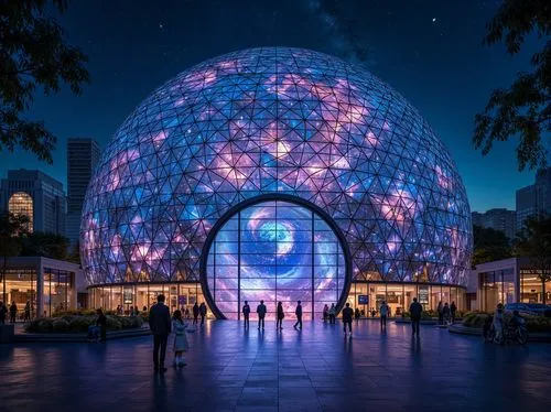 Geodesic dome, futuristic planetarium, sleek metallic facade, iridescent glass panels, angular lines, minimalist design, celestial body-inspired patterns, vibrant neon lighting, starry night sky, 3D p