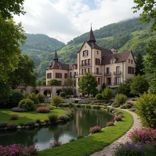 Rolling hills, serene lakeside, lush greenery, vibrant flowers, meandering pathways, ornate bridges, rustic stone walls, ivy-covered buildings, turrets, spires, grand entranceways, intricate stonework