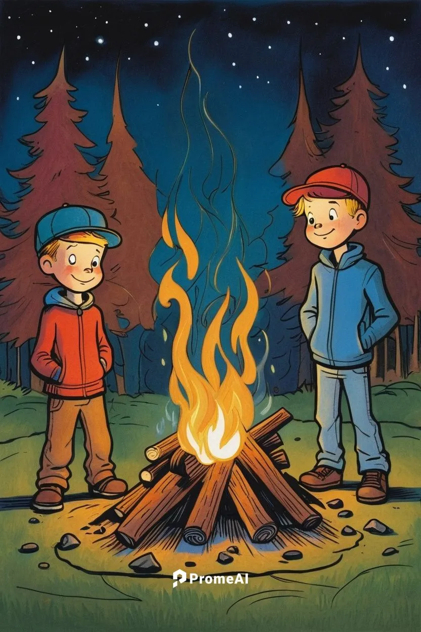 A cute kids with a flat cap are standing by a fire at night,campfire,campfires,camp fire,november fire,fire wood,forest fire,bonfire,wood fire,a collection of short stories for children,kids illustrat