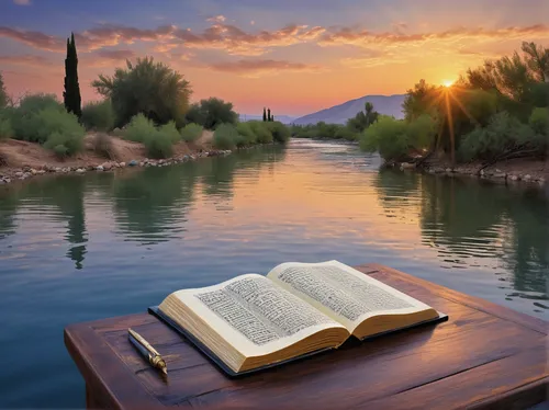 bible pics,new testament,bibel,bibliology,hymn book,boat landscape,bible study,spiritual environment,dead sea scroll,biblical narrative characters,landscape background,devotions,salt and light,river landscape,turn the page,old testament,open book,prayer book,psalm sunday,quran,Illustration,Realistic Fantasy,Realistic Fantasy 43