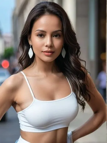 The scene takes place in a busy city. High resolution, background very blurred.,a close up of a woman in a white ,laotian,filipino,filipina,vietnamese,eurasians,cambodiana,Photography,General,Realisti